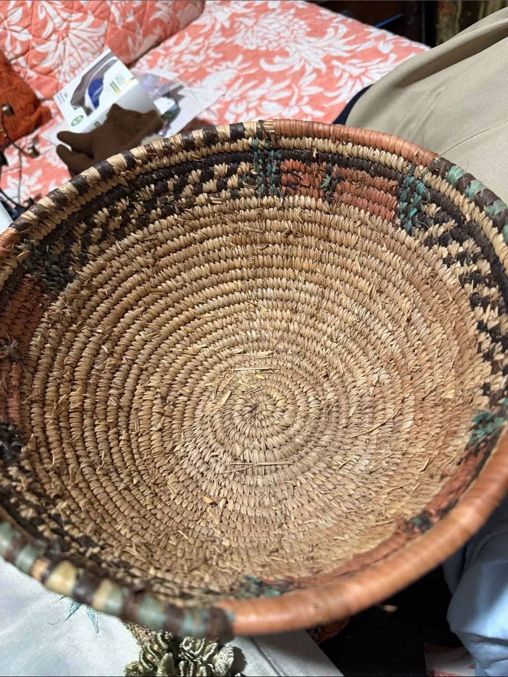 Handwoven Natural and Brown turquoise orange Basket very beautiful color